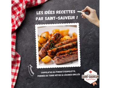 Recette : chipolatas au piment d'Espelette, pommes de terre rôties et légumes grillés